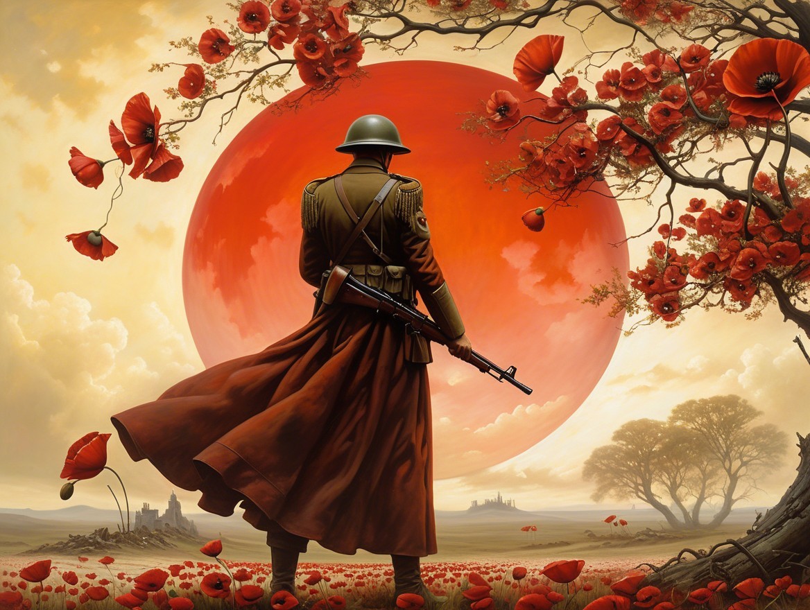 Solitary Soldier Against Vibrant Red Sun and Poppies