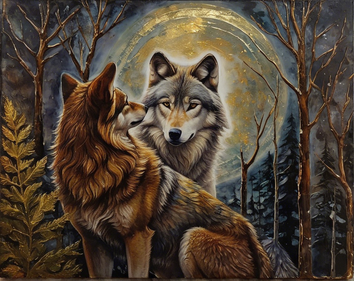 Wolves in a Mystical Forest Under a Full Moon