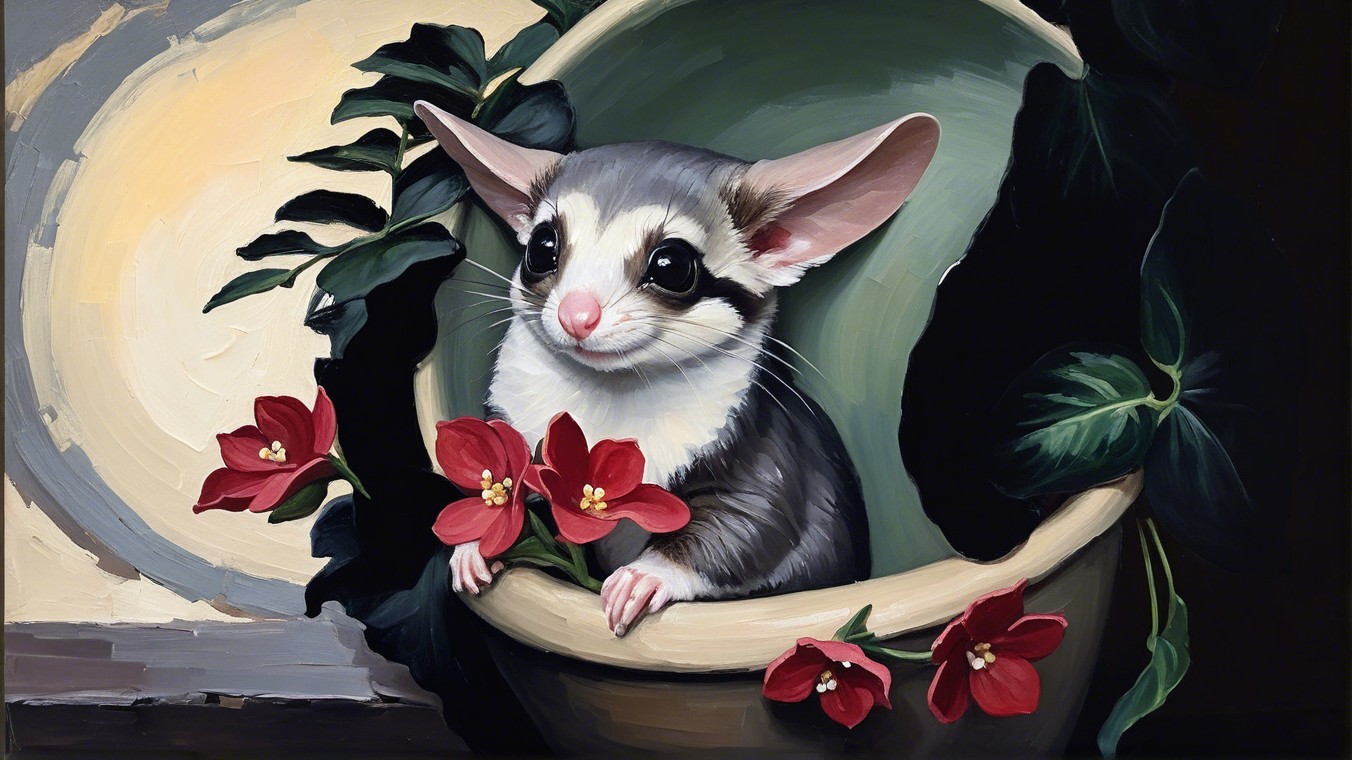 Painting of a sugar glider in a flower-filled pot