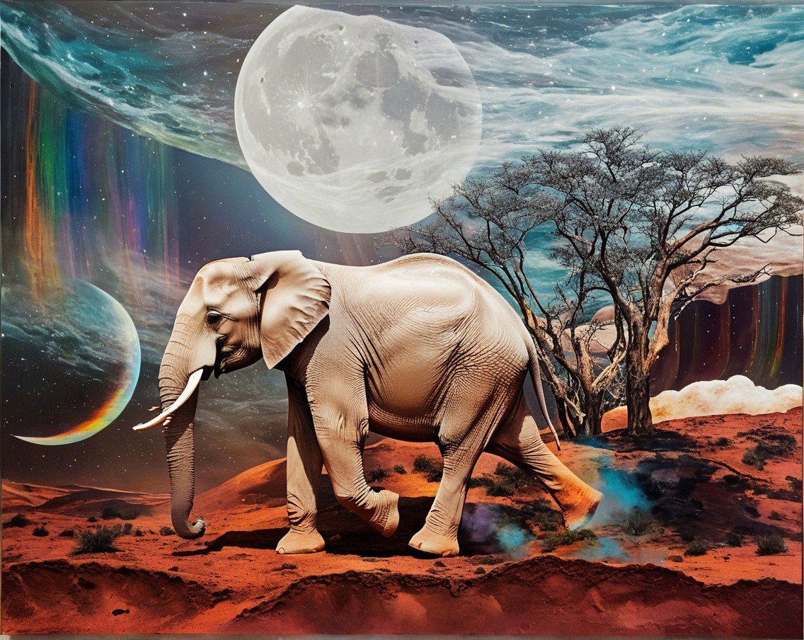 Elephant in Surreal Desert with Celestial Background