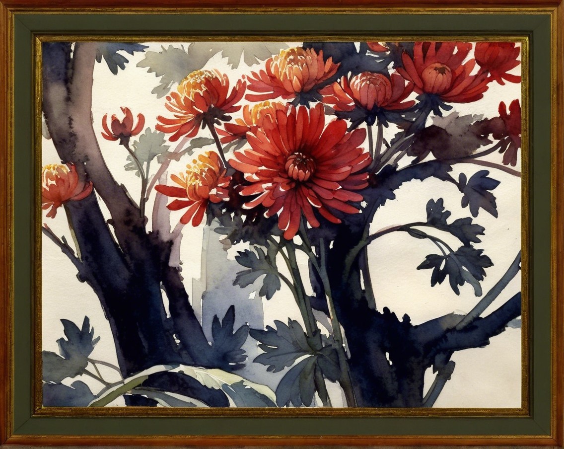 Vibrant Watercolor of Red Chrysanthemums in Greenery