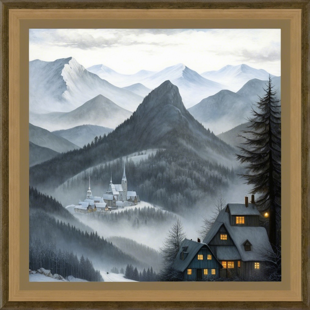 Winter Landscape with Mountain, Village, and Pine Trees