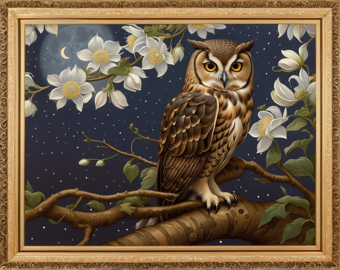 Detailed painting of an owl with flowers and moonlight