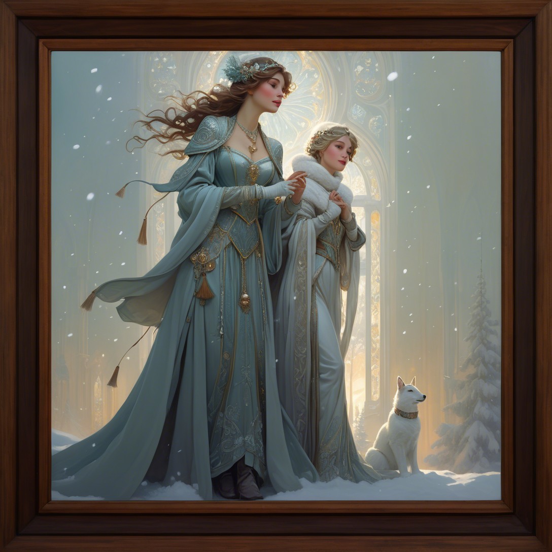 Digital Painting of Two Women and a Dog in Winter