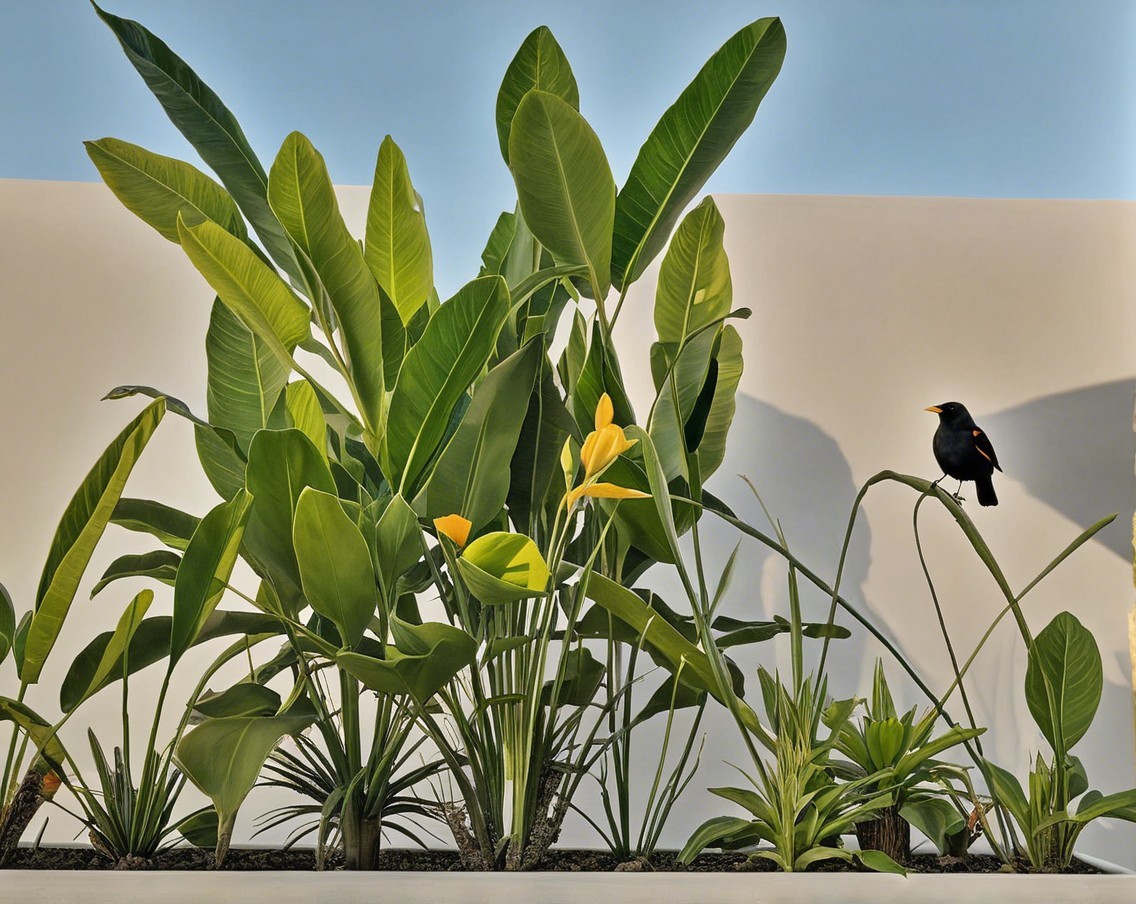 Lush Greenery with Yellow Flowers and Black Bird