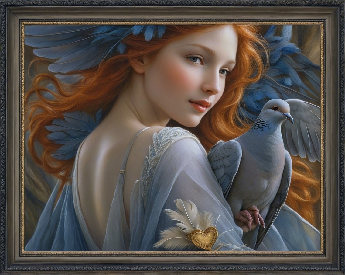 Serene Woman with Red Hair and Dove in Artwork