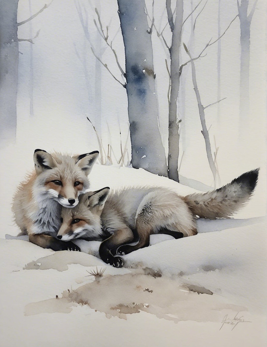 Foxes in a snowy landscape with bare trees and mist