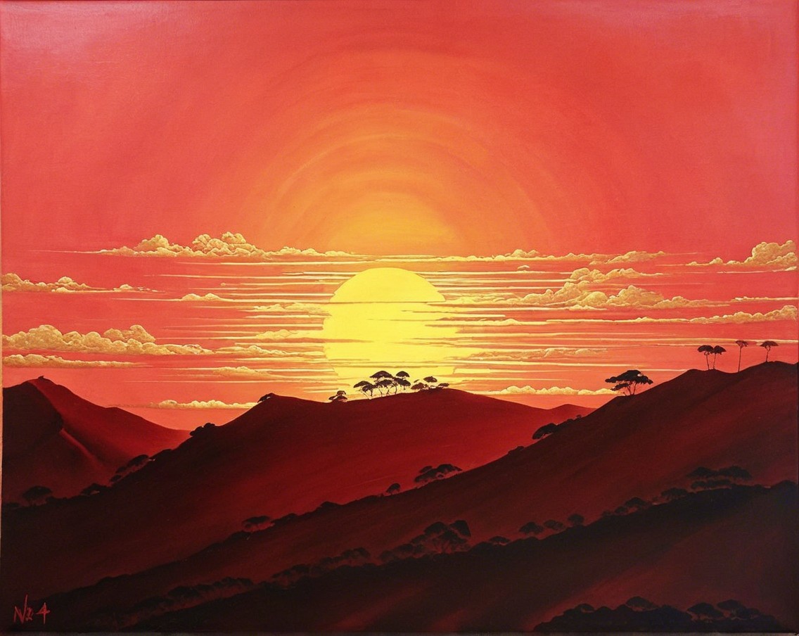 Vibrant Sunset Over Rolling Hills and Silhouetted Trees