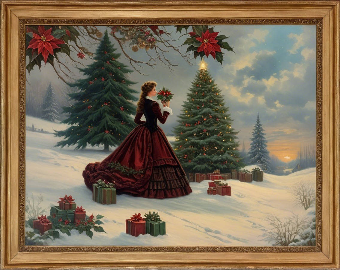 Woman in Red Gown in Snowy Christmas Landscape