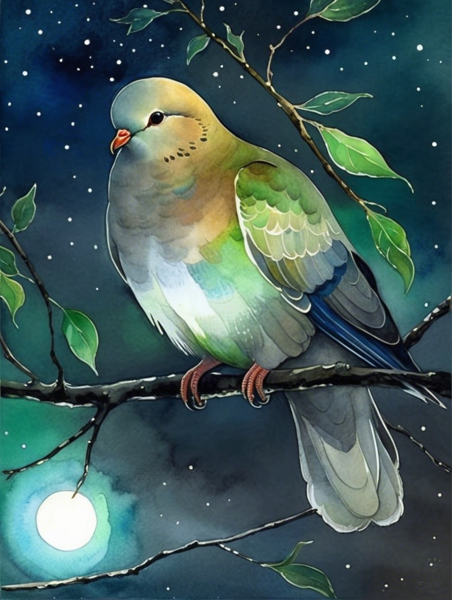 Illustration of a bird on a branch under a starry sky
