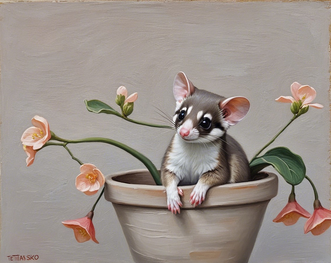 Mouse in Flower Pot Surrounded by Pink Blossoms