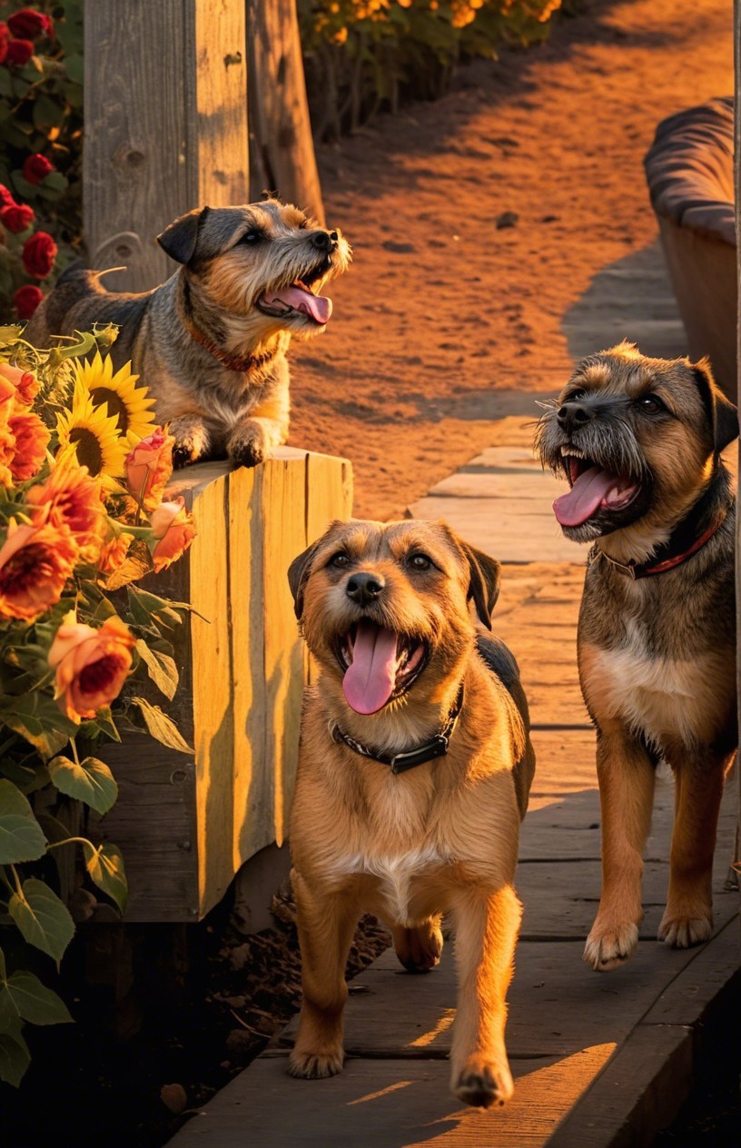 Dogs Walking on a Path Amidst Sunflowers at Sunset