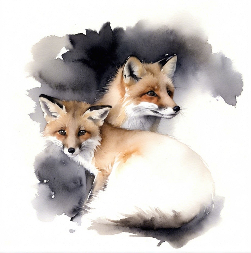 Watercolor Illustration of Adult and Juvenile Foxes