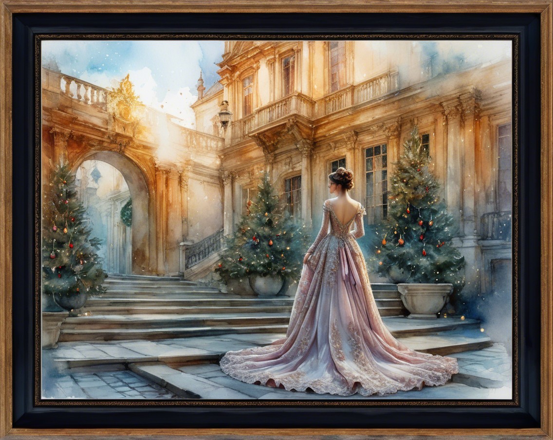 Woman in gown on staircase with Christmas trees