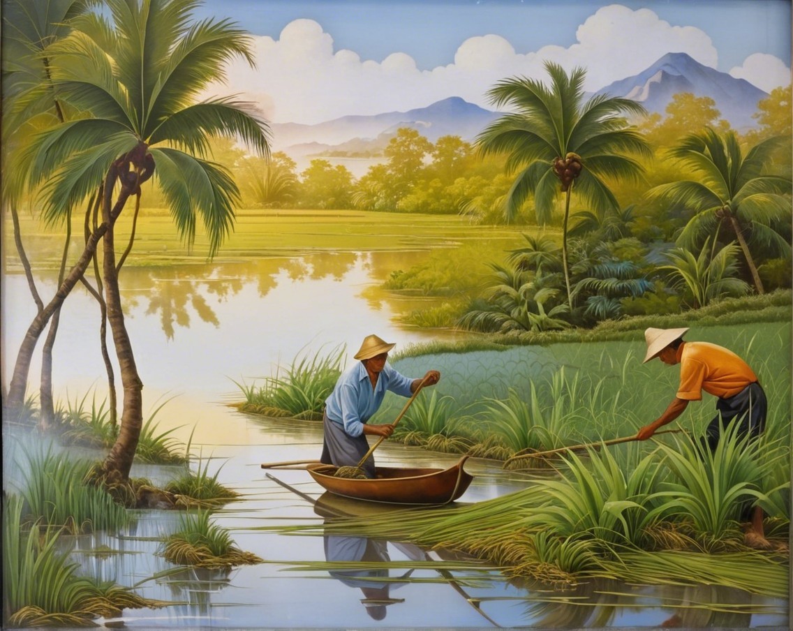 Fishermen in a tranquil landscape with palm trees