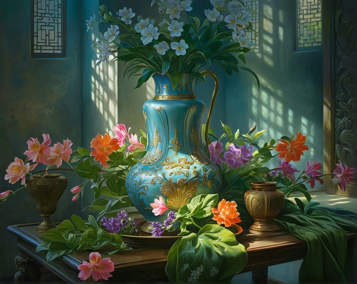 Vibrant Still Life with Turquoise Vase and Flowers