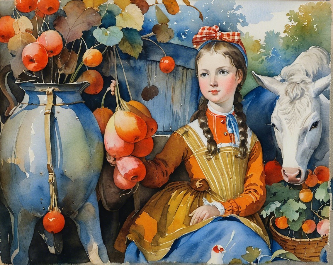 Watercolor Illustration of Girl with Cow and Fruits
