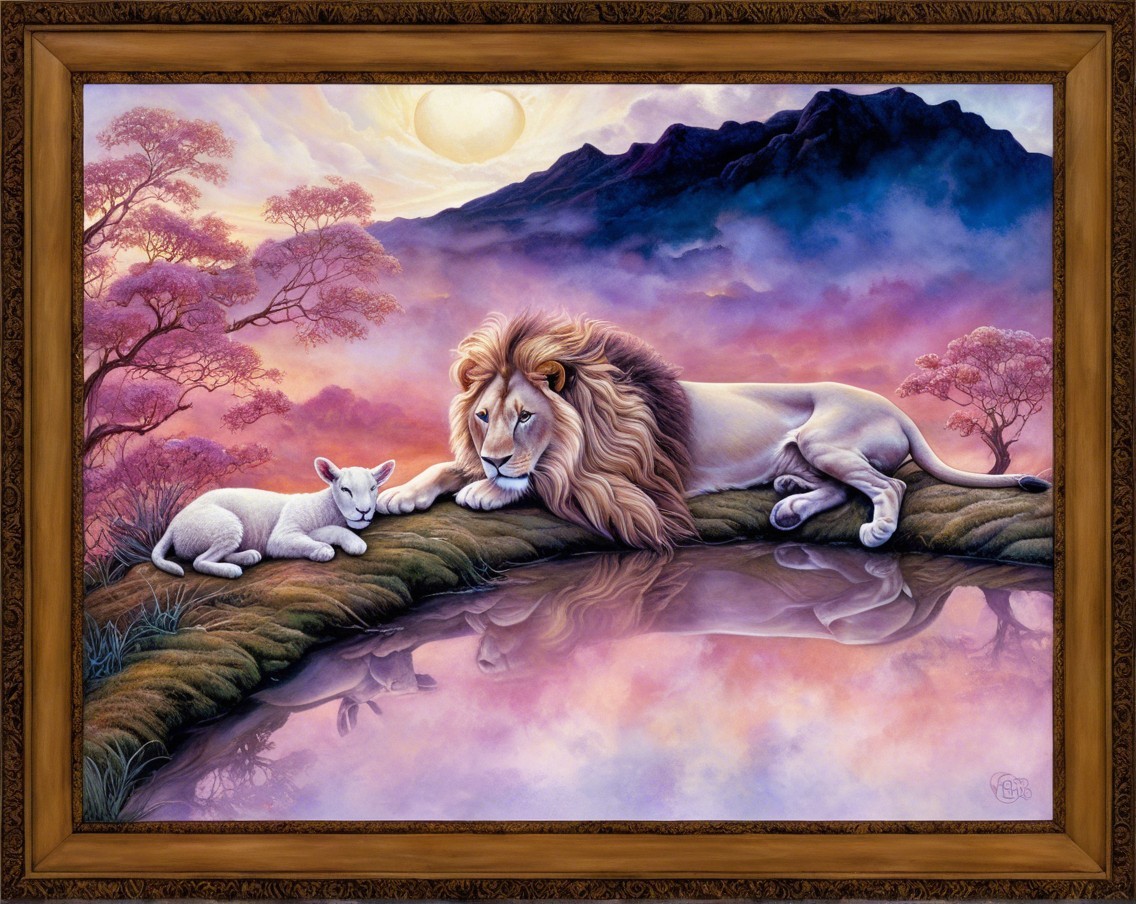 Lion and Cub by Tranquil Pond at Sunset