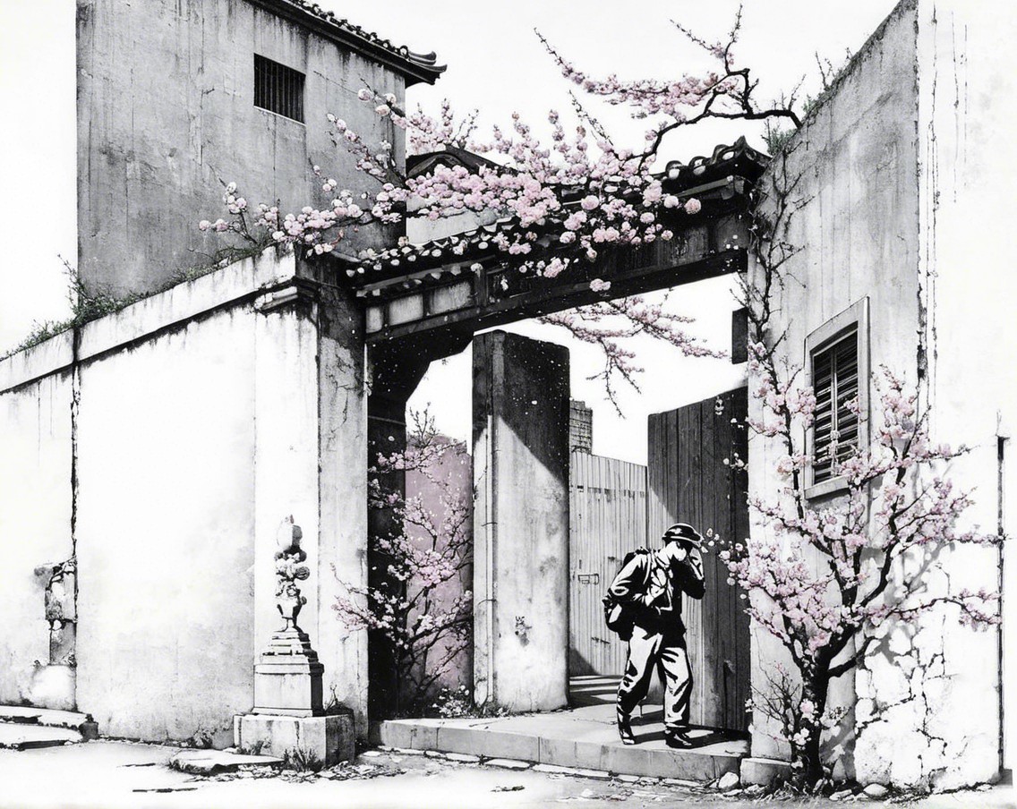 Lone Figure in Suit at Cherry Blossom Gateway