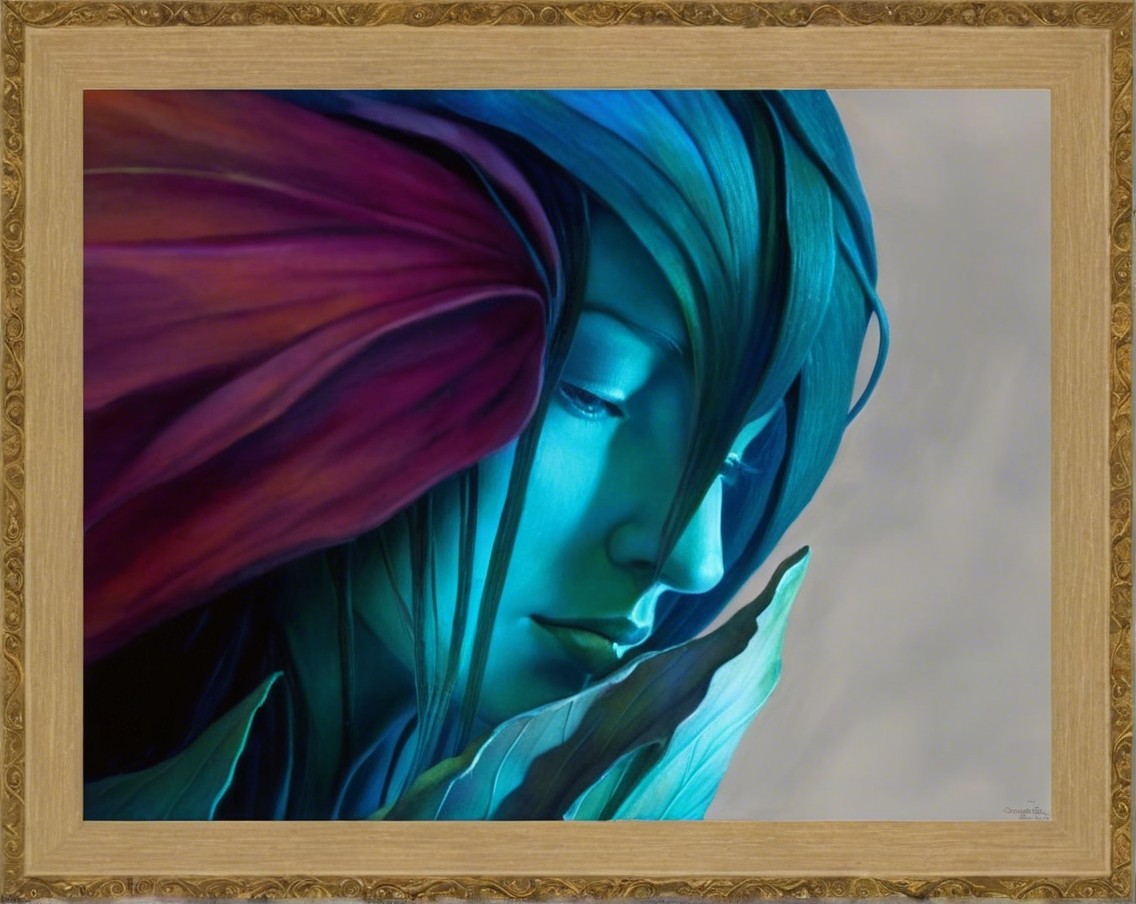 Surreal portrait of a woman with leaf-like hair