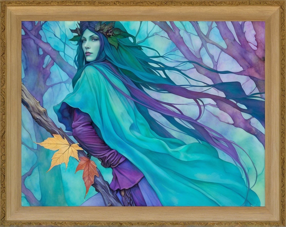 Mystical Figure in Teal Garments Amidst Enchanted Trees