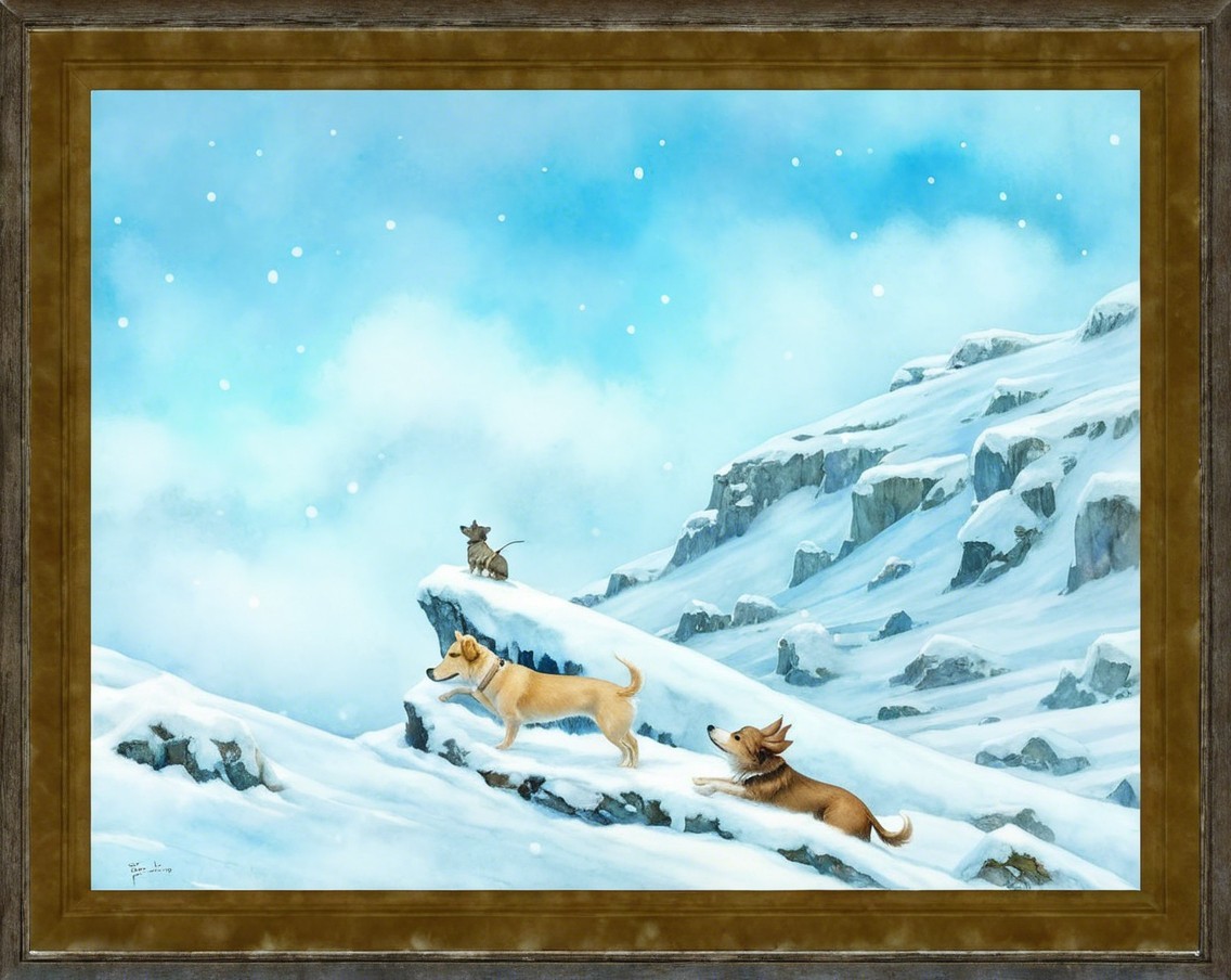 Three Dogs Playing in a Snowy Landscape Scene
