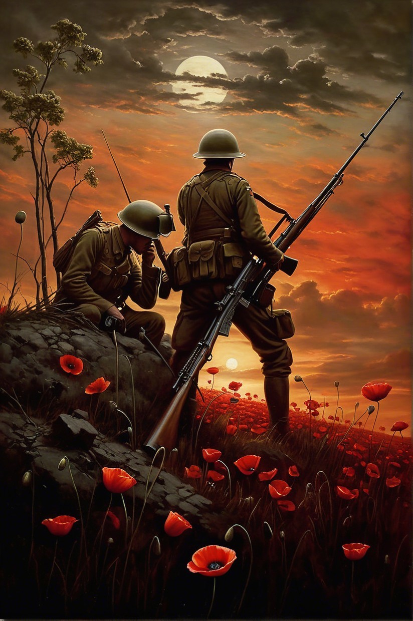 Soldiers on Rocky Outcrop Against Dramatic Sunset