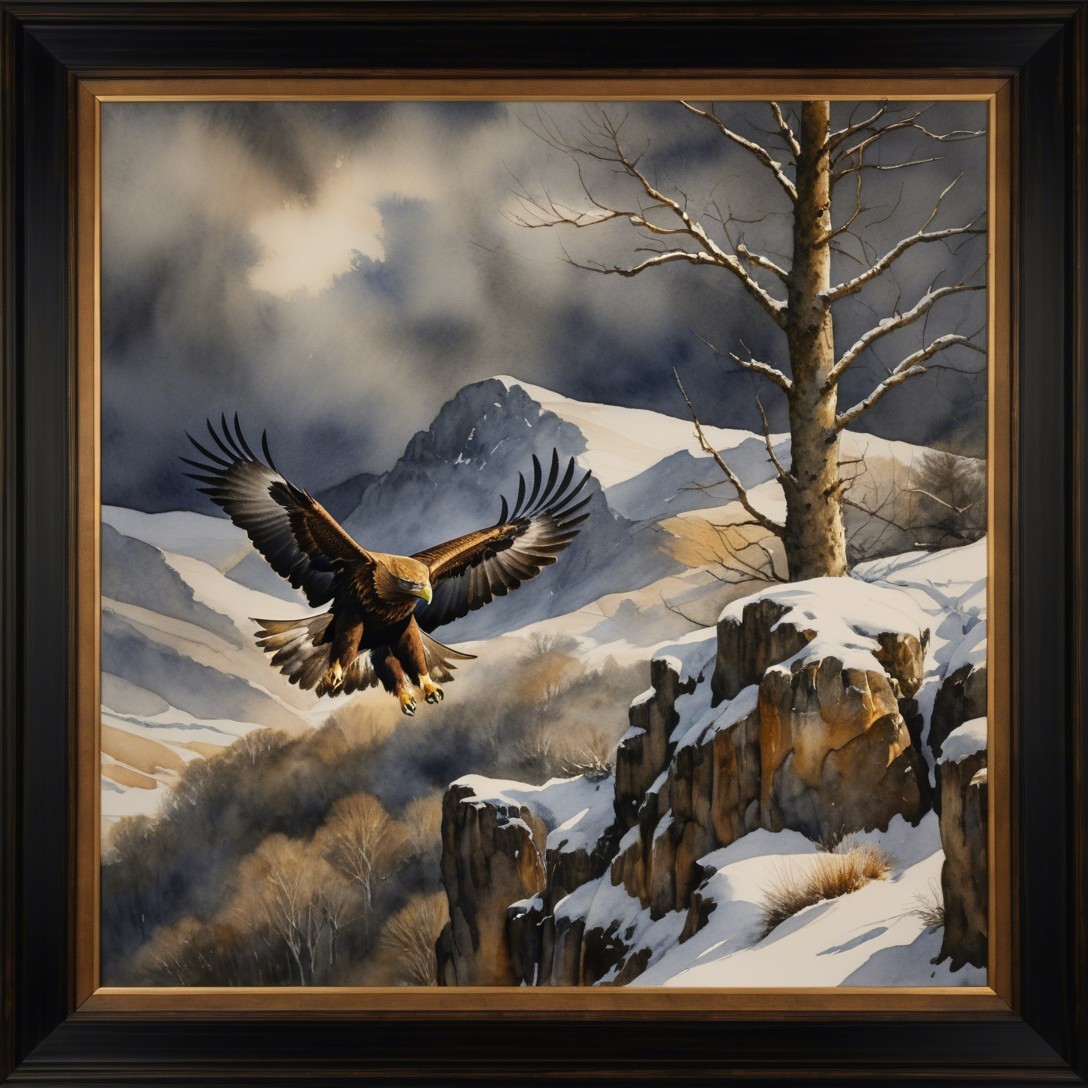 Golden Eagle in Flight Over Snowy Mountain Landscape