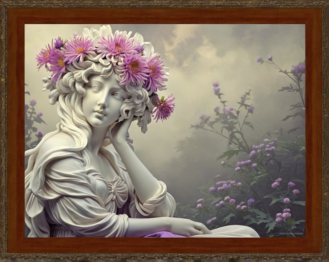Serene sculpture of a woman with floral crown