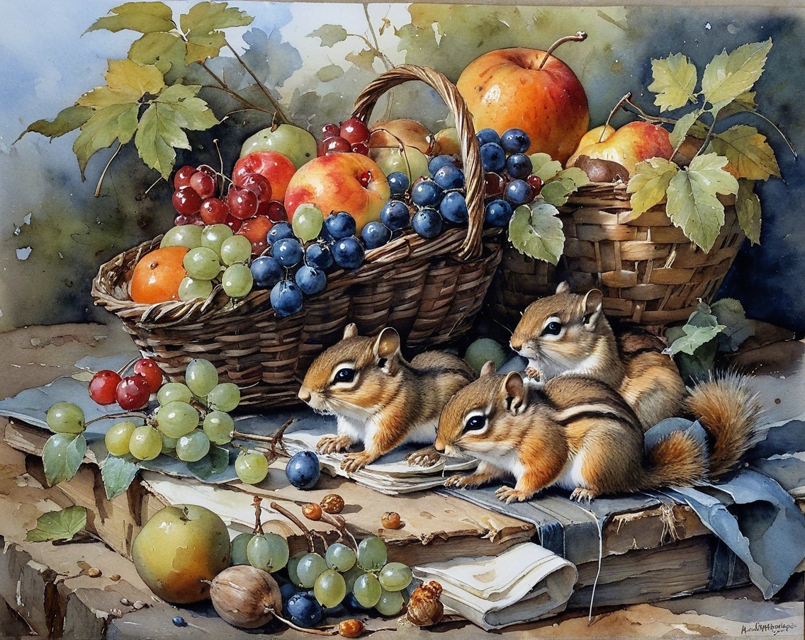 Chipmunks at a Wooden Table with Vibrant Fruits