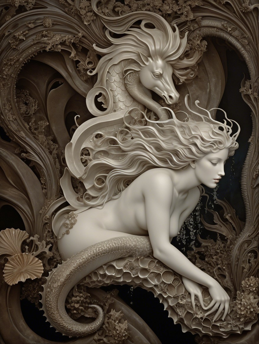 Fantastical Scene of Woman and Mythical Sea Creature