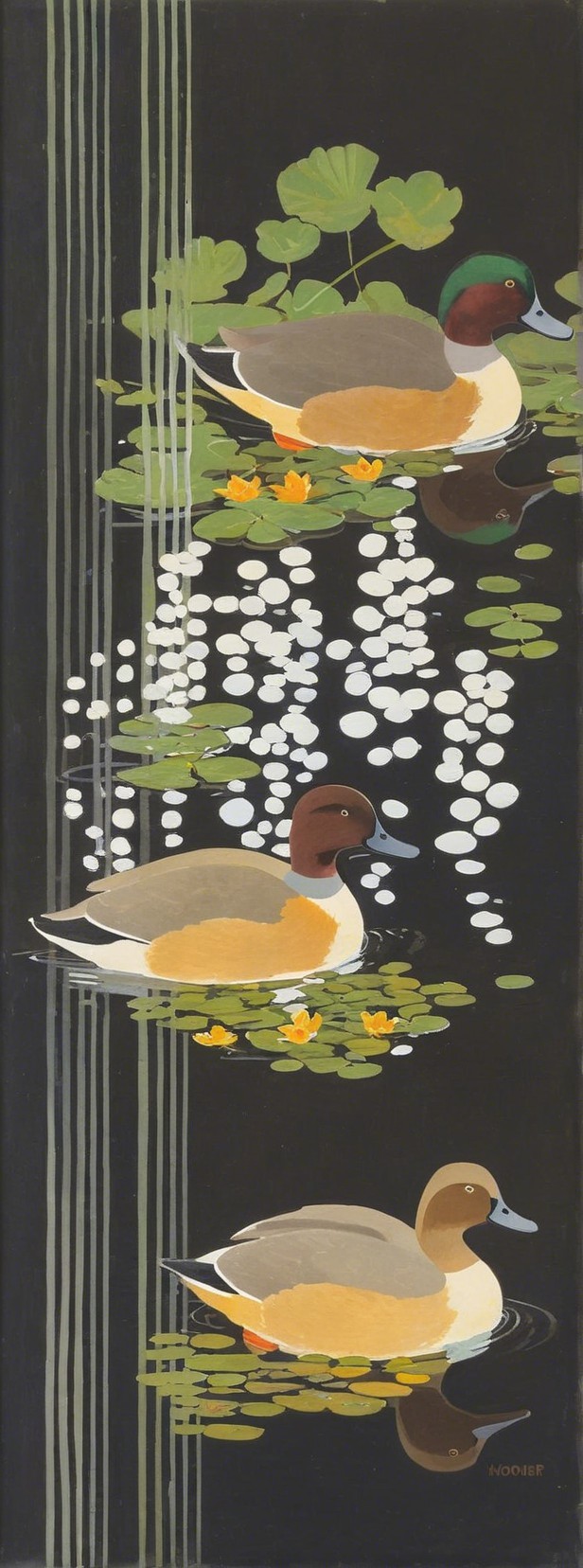Stylized Ducks on Dark Surface with Lily Pads and Flowers