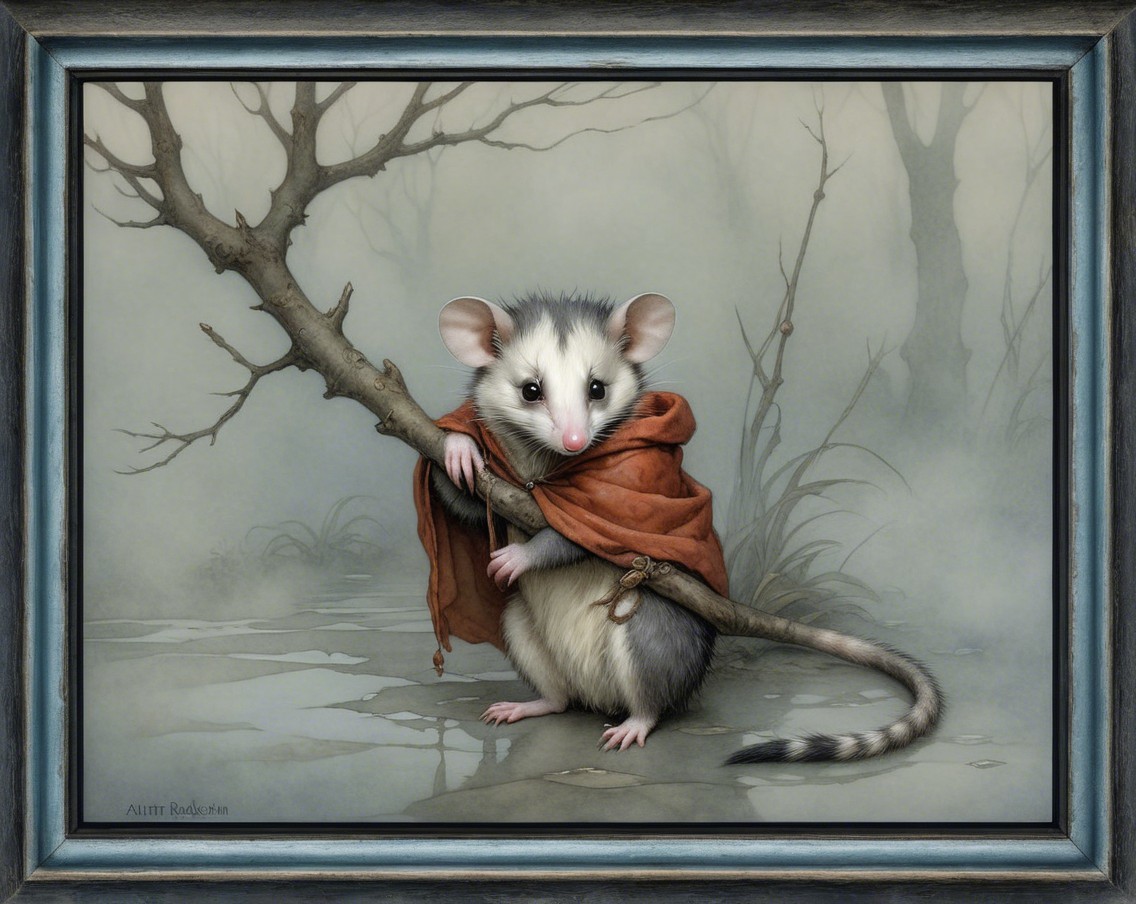 Opossum in Orange Cloak in Misty Serene Setting