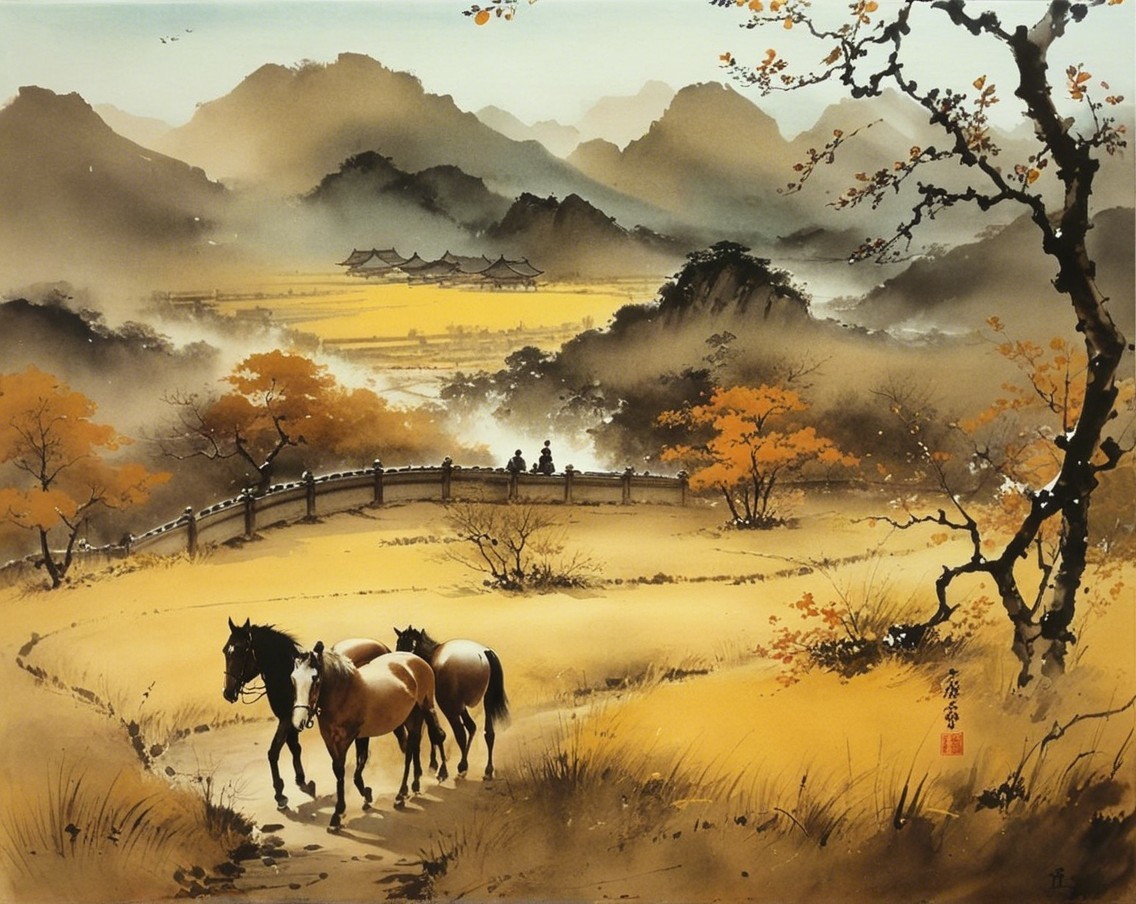 Serene landscape with horses in golden fields and mountains