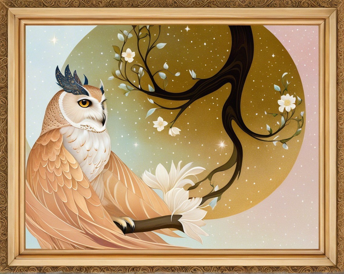 Stylized Owl on Flowered Branch with Golden Background