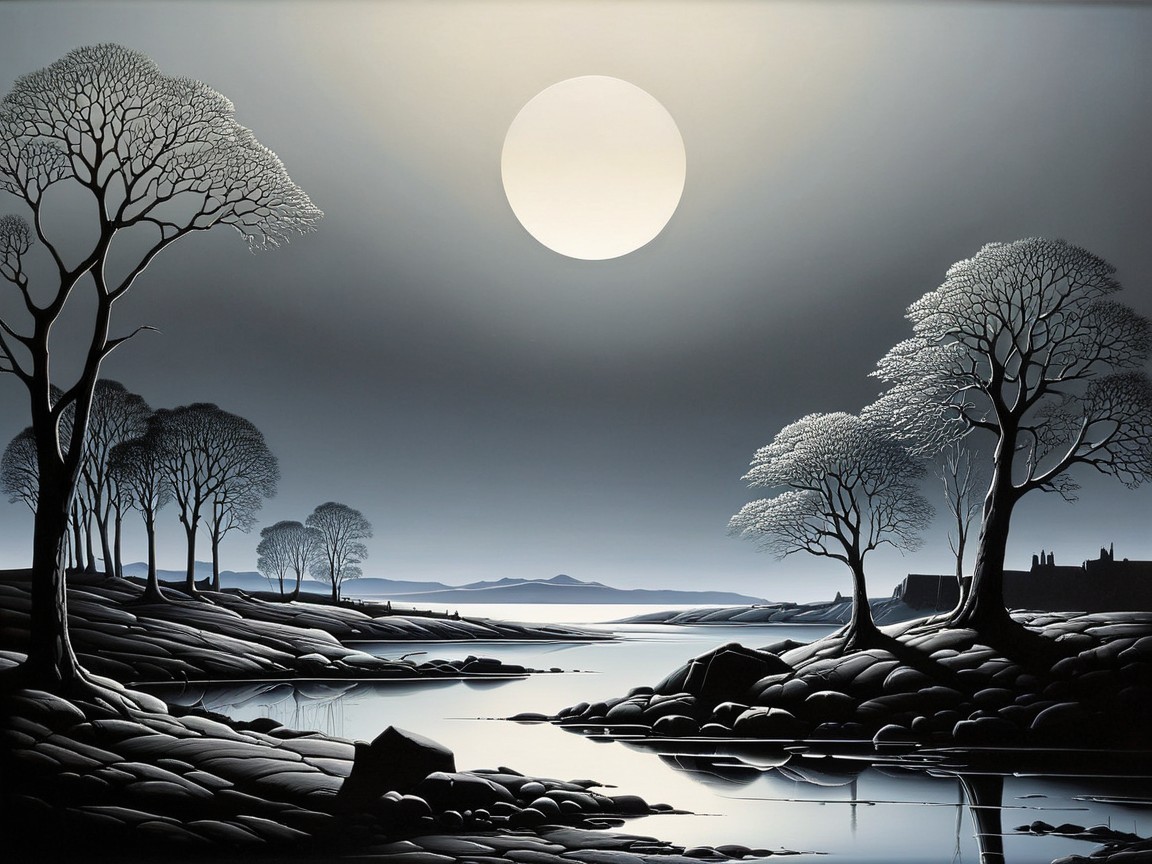 Serene River Landscape Under Full Moonlight