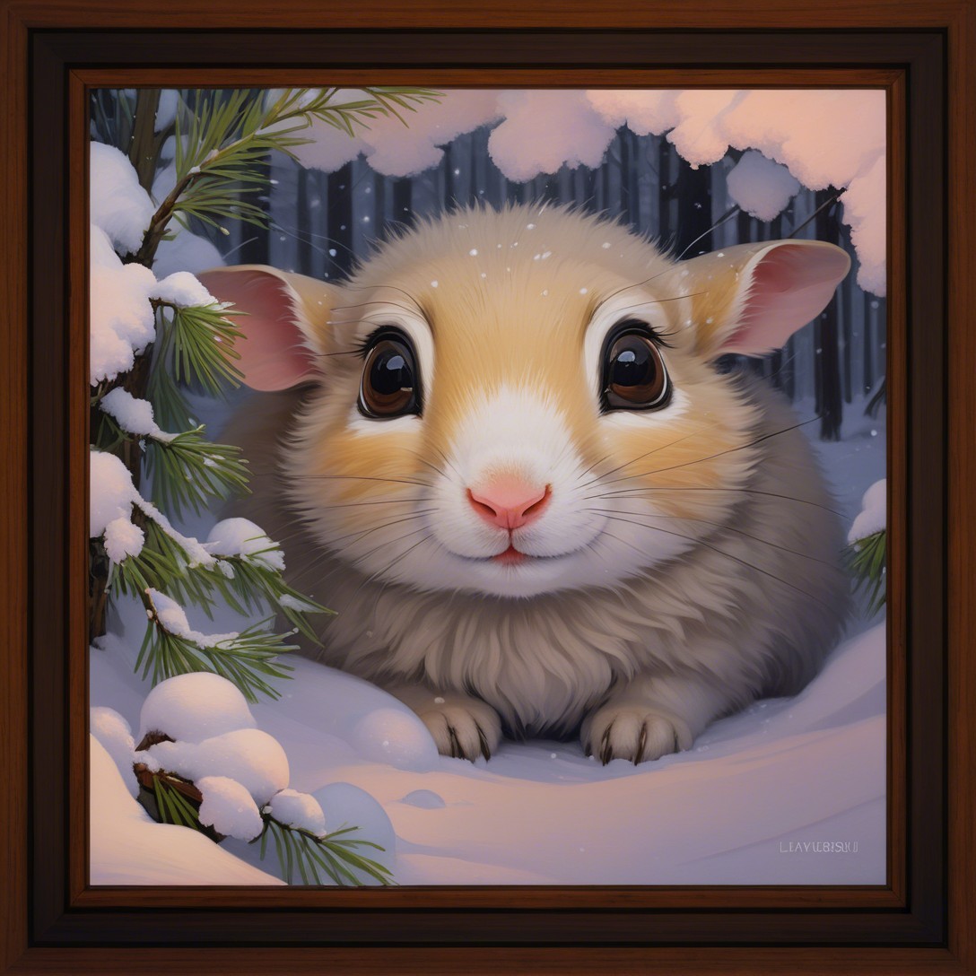 Cartoon Painting of a Cute Bunny in a Snowy Forest