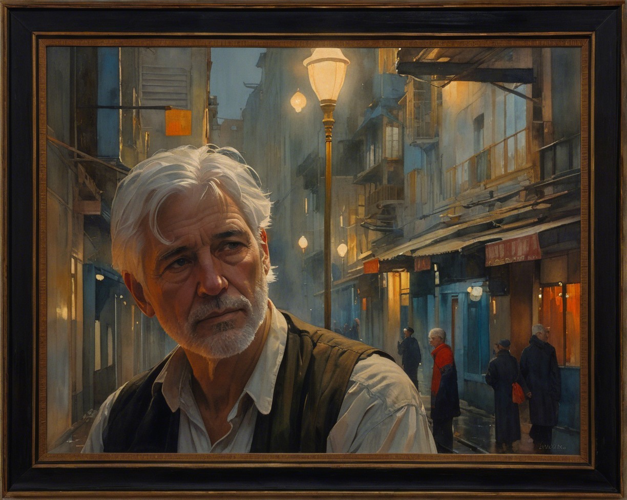 Thoughtful Older Man in Dimly Lit City Scene