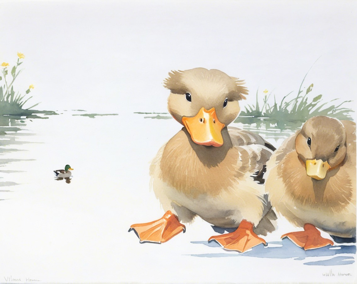 Playful Ducklings by Serene Waterside with Flowers