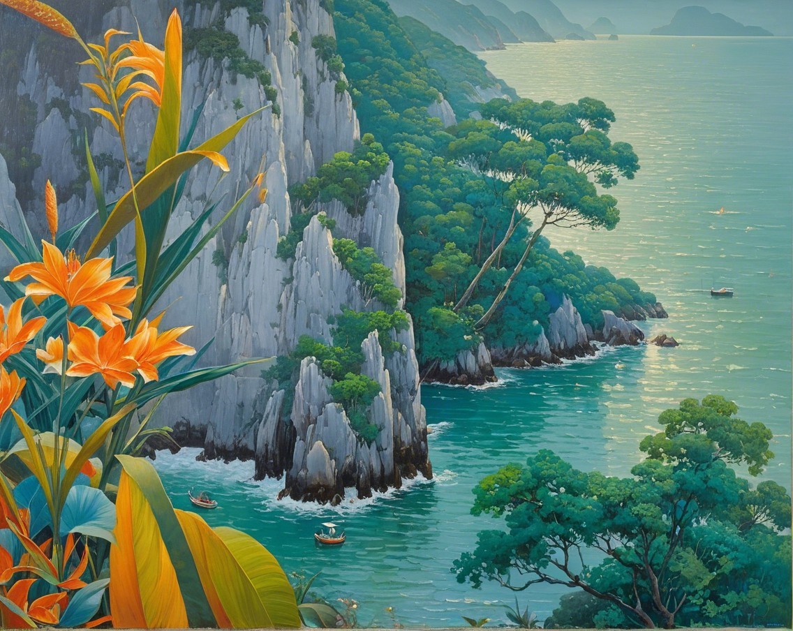 Serene coastline with cliffs, flowers, and tranquil waters