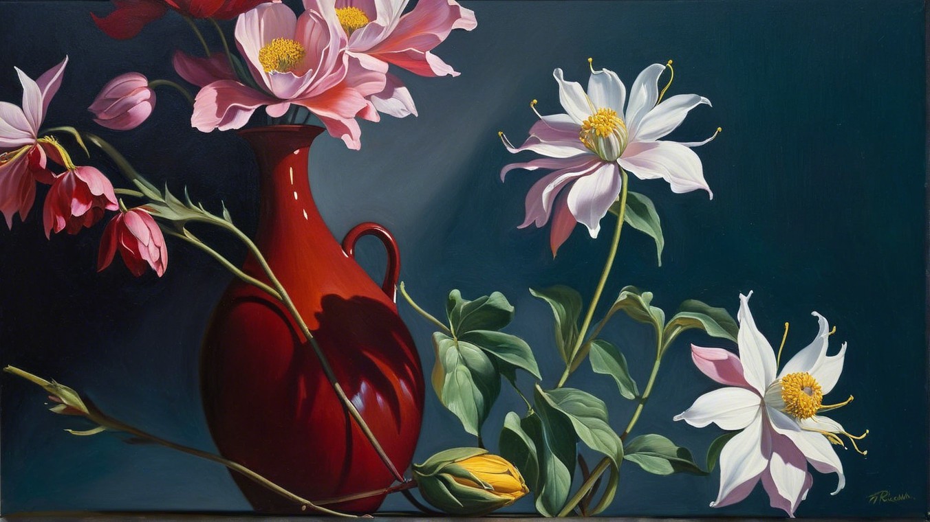 Still Life Painting of Pink and White Flowers in Vase