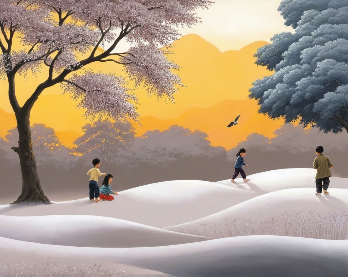 Children Playing in a Serene Golden Landscape