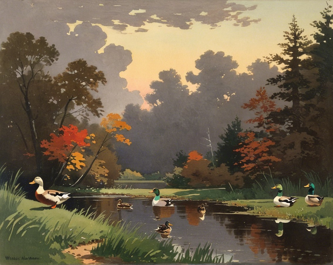 Tranquil Pond Surrounded by Autumn Foliage and Ducks