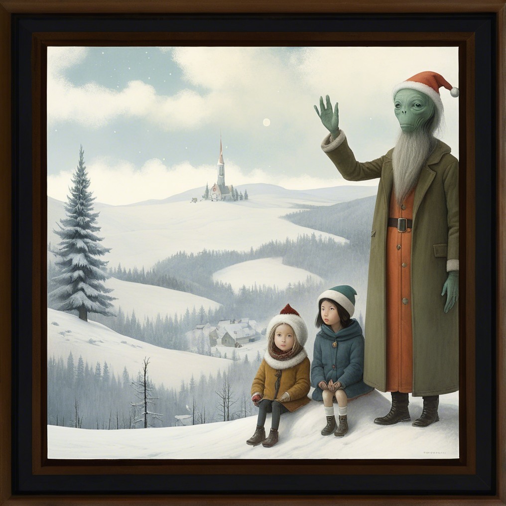 Whimsical Painting of Alien Santa with Children in Snow
