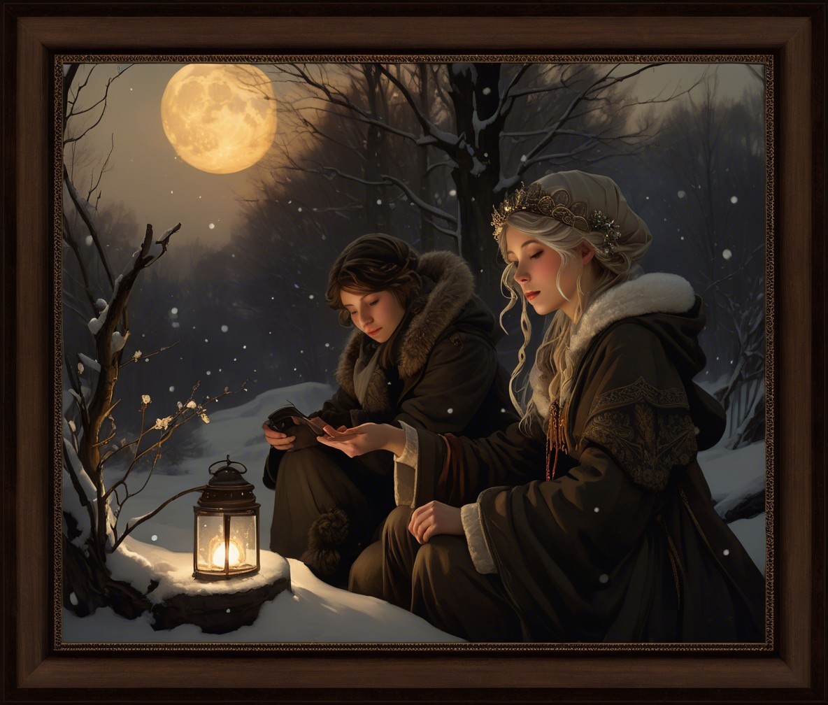 Young women in winter attire in snowy forest scene