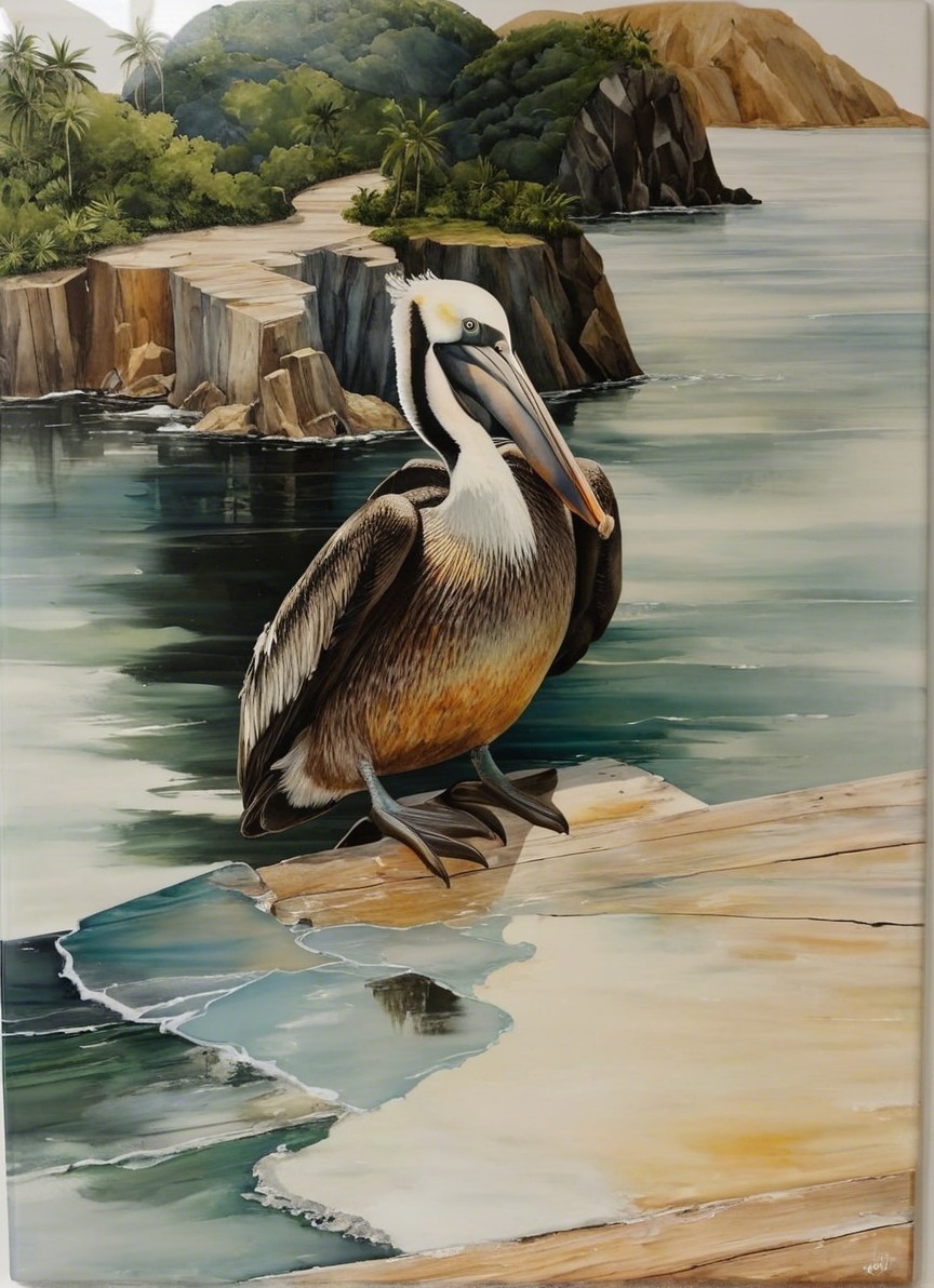 Pelican on Rocky Ledge in Serene Coastal Landscape