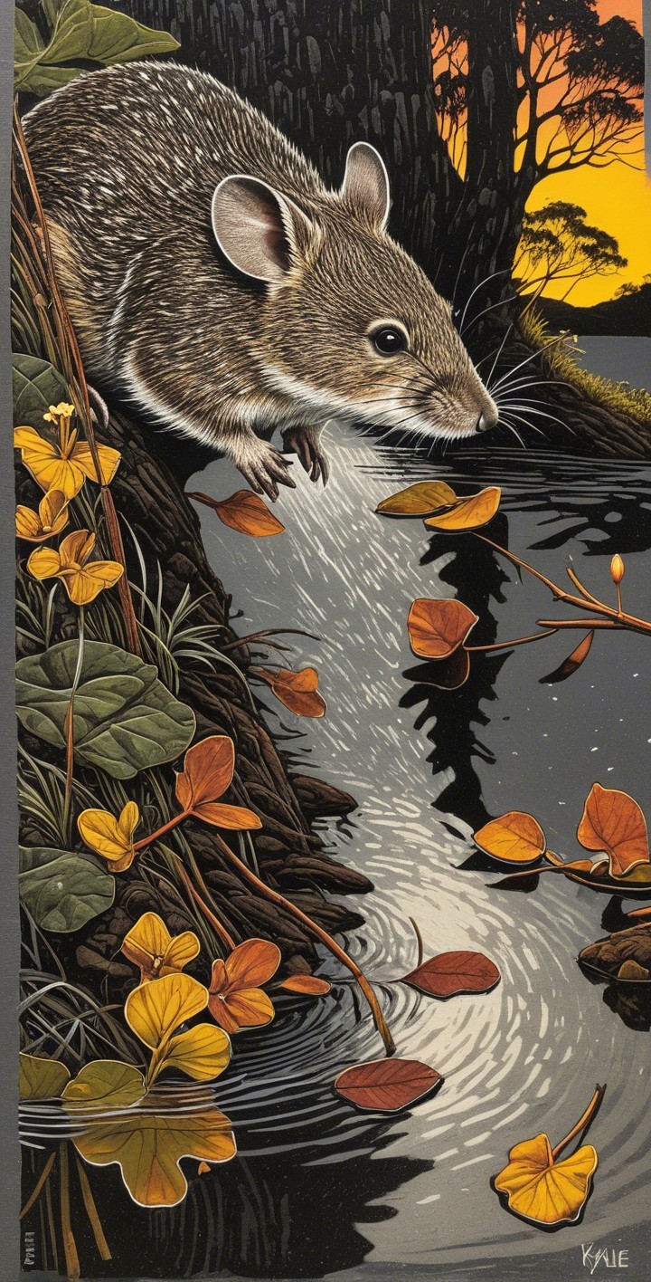 Illustration of a Rodent by a Sunset Waterbody