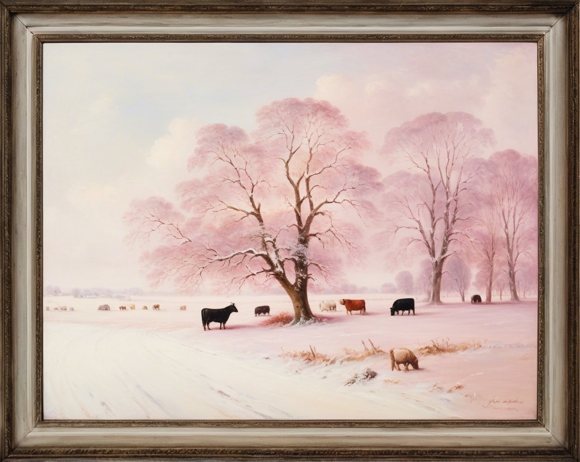 Serene Winter Landscape with Snowy Field and Cows