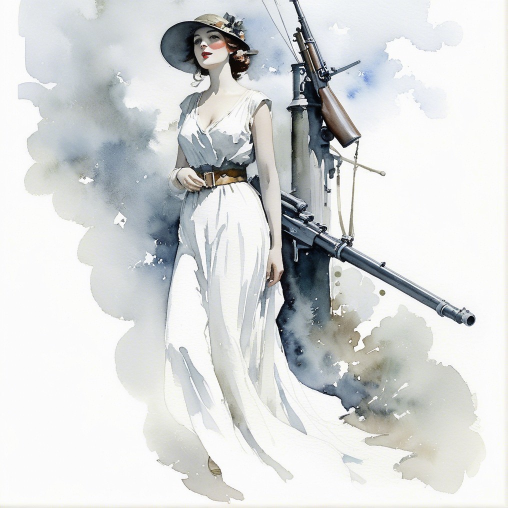 Elegant Woman in White Dress with Vintage Rifle