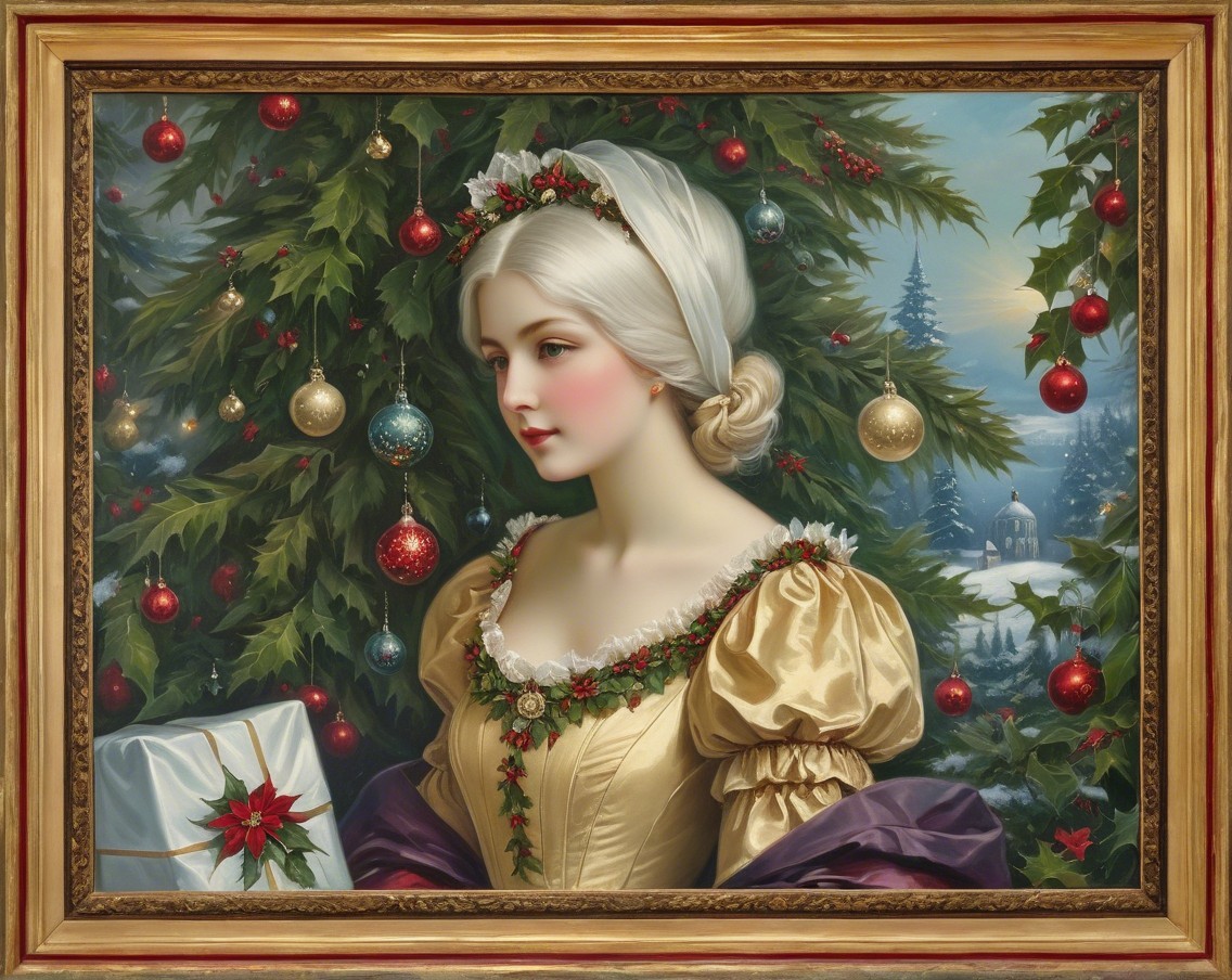 Serene Young Woman in Golden Dress with Holiday Setting